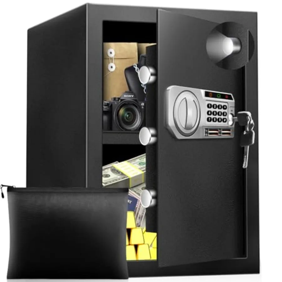 Home office safe box for documents, money, jewelry: steel digital lock, black finish, LED sensor light external power compartme
Home office safe box for documents, money, jewelry: steel digital lock, black finish, LED sensor light external power compartme