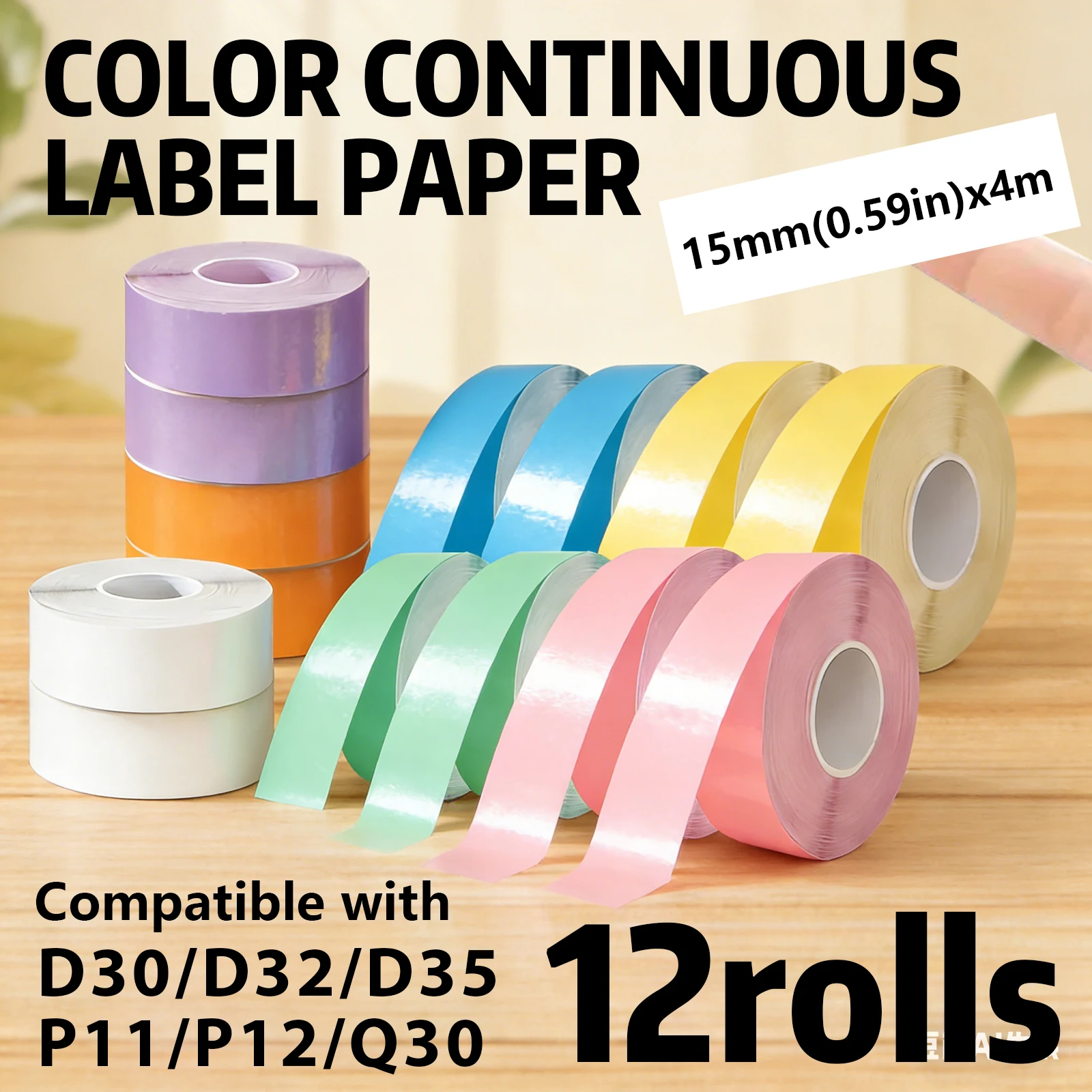 12 Rolls of Colored Continuous Thermal Label Tape, 15Mmx 4m , Suitable for Home, Office, Warehouse, with Long-Lasting Strong Adhesion, Clear Labels, Durable Adhesive, Compatible with D30 Q30 D32 D35 P11 P15 Hp4, Suitable for Office, School, Home, Etc
12 Rolls of Colored Continuous Thermal Label Tape, 15Mmx 4m , Suitable for Home, Office, Warehouse, with Long-Lasting Strong Adhesion, Clear Labels, Durable Adhesive, Compatible with D30 Q30 D32 D35 P11 P15 Hp4, Suitable for Office, School, Home, Etc