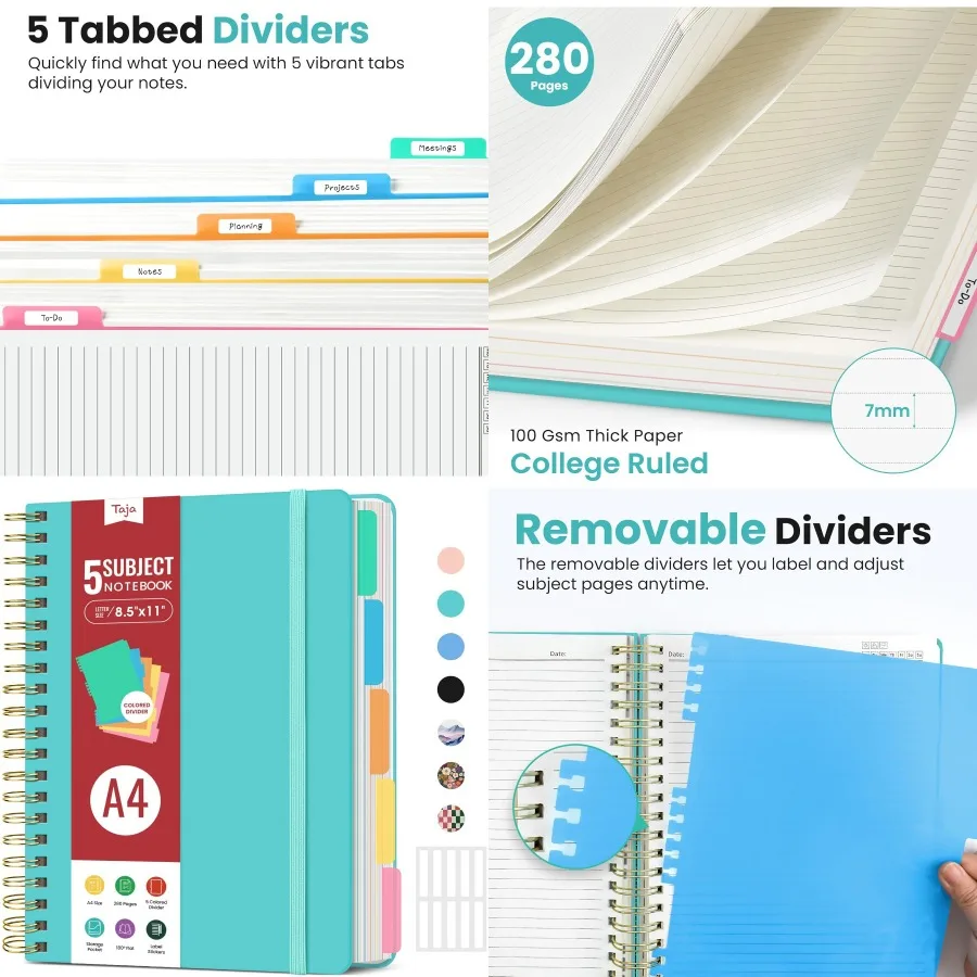 Large Spiral Lined Notebooks for Work with Removable Dividers Tabs 8.5x11 Hardcover 5 Subject Notebook for Note Taking Organize
Large Spiral Lined Notebooks for Work with Removable Dividers Tabs 8.5x11 Hardcover 5 Subject Notebook for Note Taking Organize