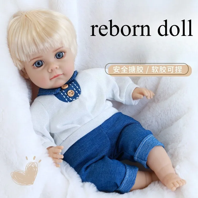 14-inch cotton body, golden hair, blue eyes, realistic reborn doll, children's toy gift, soft siliconen doll
14-inch cotton body, golden hair, blue eyes, realistic reborn doll, children's toy gift, soft siliconen doll
