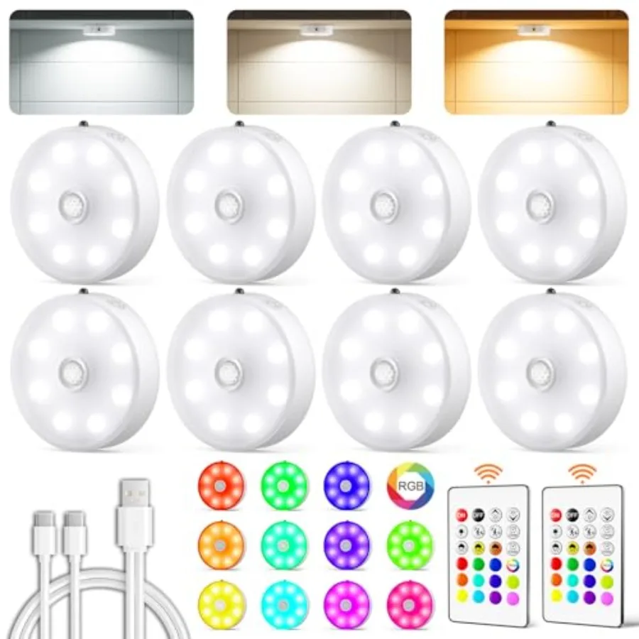 Puck Lights with Remote, Rechargeable Under Cabinet Lighting, 3 Color Temps, 12 RGB Color LED Motion Sensor Lights Wireless, Di
Puck Lights with Remote, Rechargeable Under Cabinet Lighting, 3 Color Temps, 12 RGB Color LED Motion Sensor Lights Wireless, Di