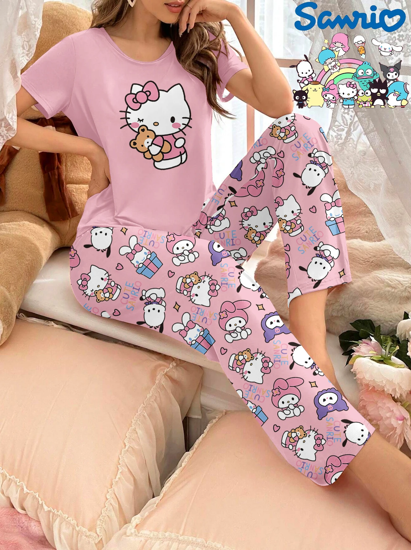 Sanrio series pink short-sleeved trousers round neck milk silk casual pajamas loungewear set
Sanrio series pink short-sleeved trousers round neck milk silk casual pajamas loungewear set