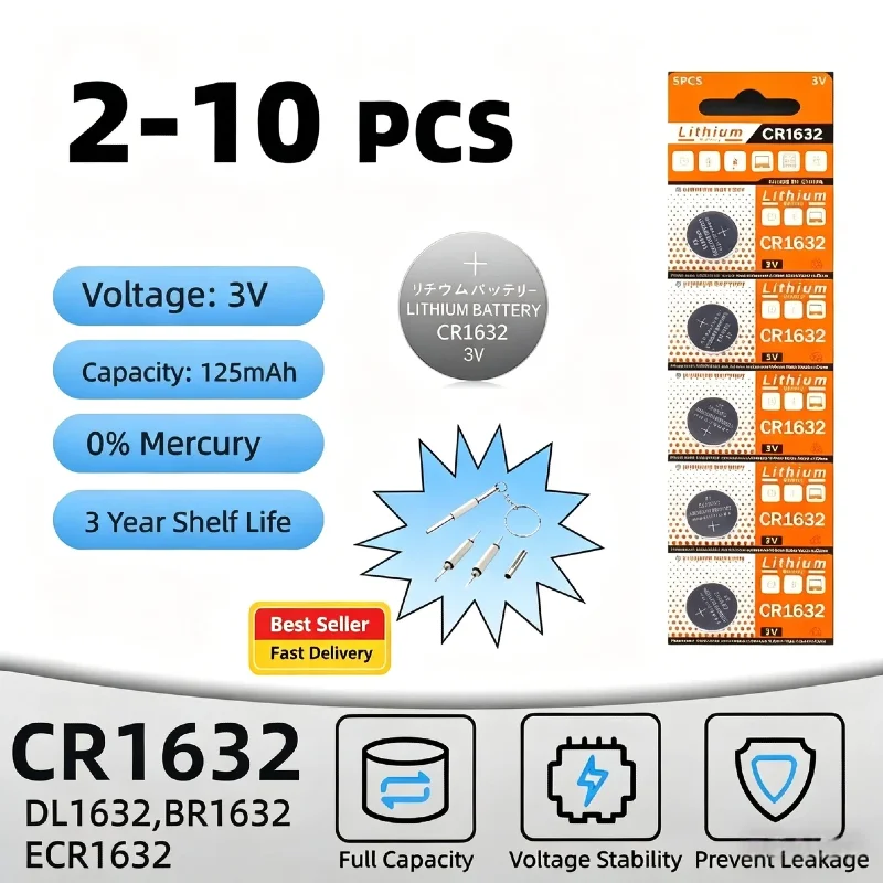 2-10PCS CR1632 3V Lithium Battery DL1632 BR1632 KCR1632 ECR1632 Coin Cell For Car Remote Key Watch Calculator Button Battery
2-10PCS CR1632 3V Lithium Battery DL1632 BR1632 KCR1632 ECR1632 Coin Cell For Car Remote Key Watch Calculator Button Battery
