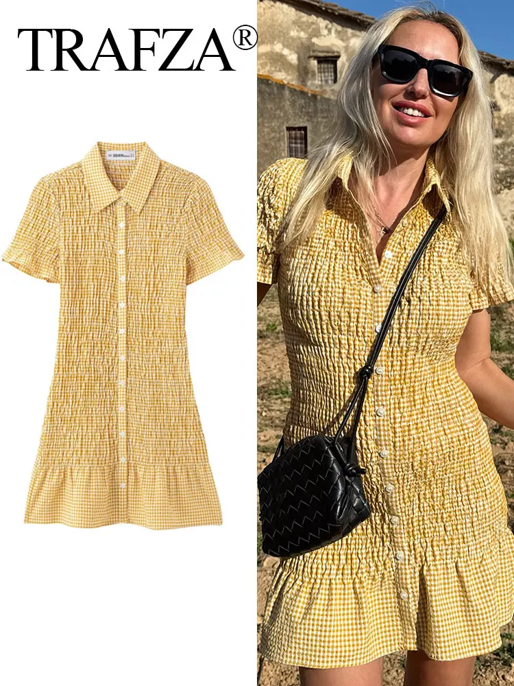 TRAFZA Fashion Women Pleated Single Breasted Plaid Design Short Sleeve Dress 2025 Elegant Woman Turn Down Collar Slim Mini Dress
TRAFZA Fashion Women Pleated Single Breasted Plaid Design Short Sleeve Dress 2025 Elegant Woman Turn Down Collar Slim Mini Dress