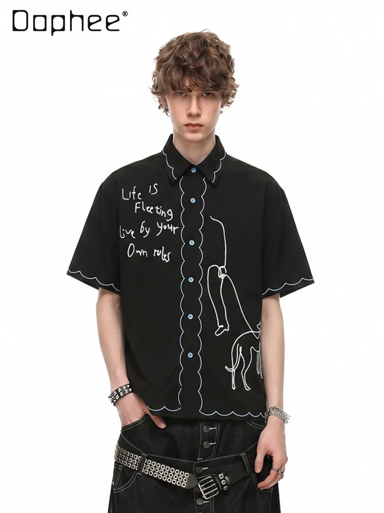 Summer Wavy Edge Embroidered Greyhound Letter Print Short Sleeve Shirt Men Beige Loose Casual Daily Button Up Blouse
Summer Wavy Edge Embroidered Greyhound Letter Print Short Sleeve Shirt Men Beige Loose Casual Daily Button Up Blouse