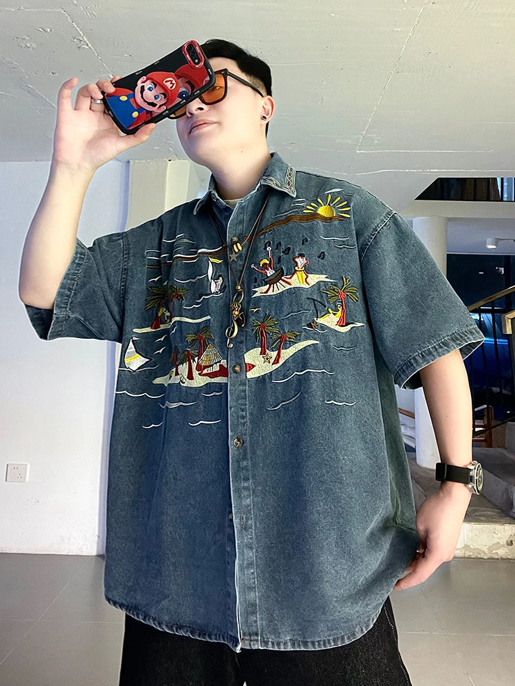 Summer Beach nut Tree Embroidered Denim ort Sve irt Loose American Retro Street Sle ex Cotton Breathable
Summer Beach nut Tree Embroidered Denim ort Sve irt Loose American Retro Street Sle ex Cotton Breathable