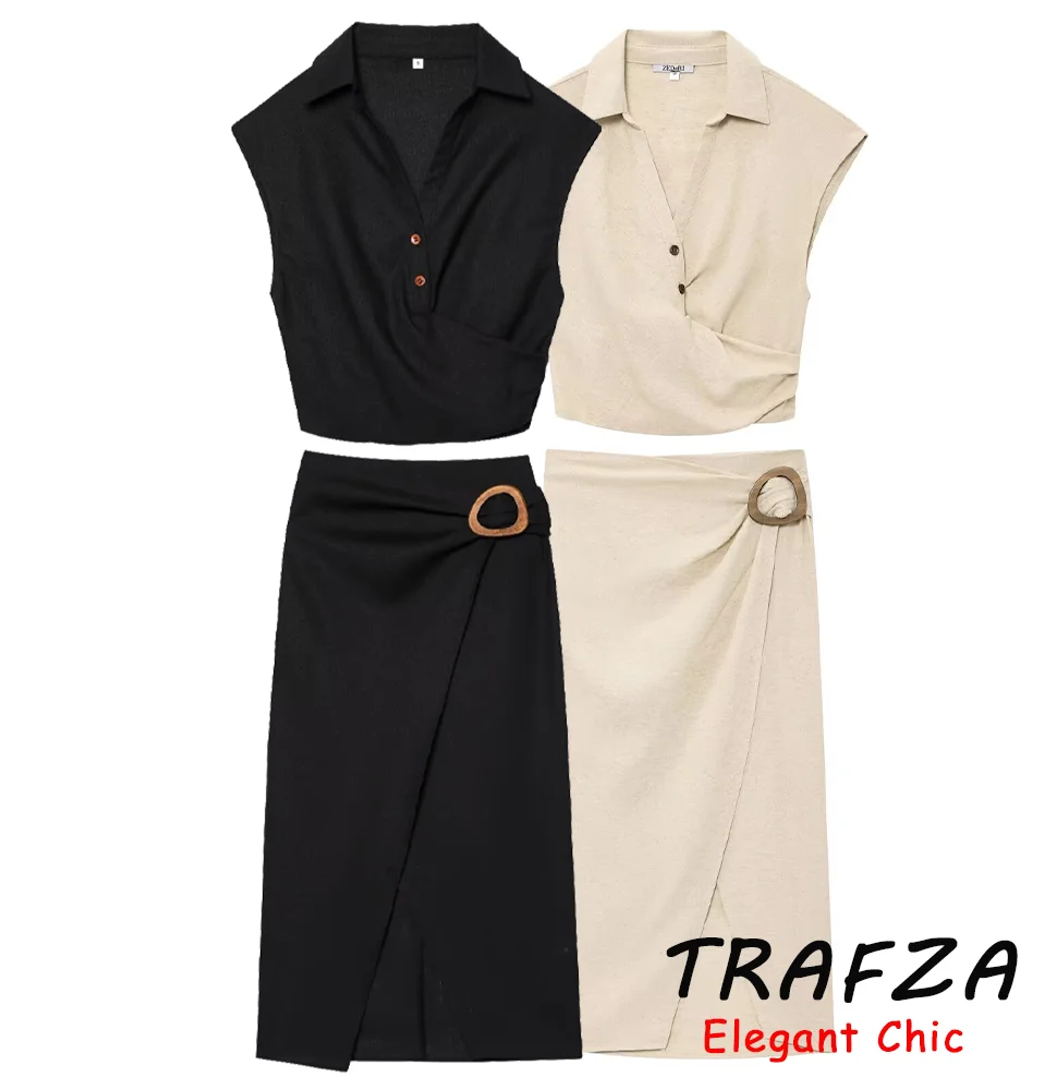 TRAFZA Vintage Casual Chic Women Suit Solid Sleeveless Pleat Top Buckle Long Skirt New Fashion 2025 Spring Summer Holiday Sets
TRAFZA Vintage Casual Chic Women Suit Solid Sleeveless Pleat Top Buckle Long Skirt New Fashion 2025 Spring Summer Holiday Sets