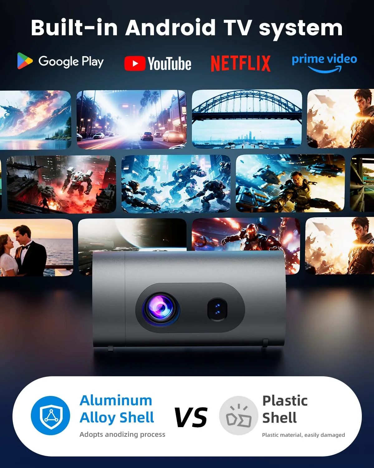 Smart Mini Projector: Vertical Mode for Short Videos, Auto Focus & Android TV