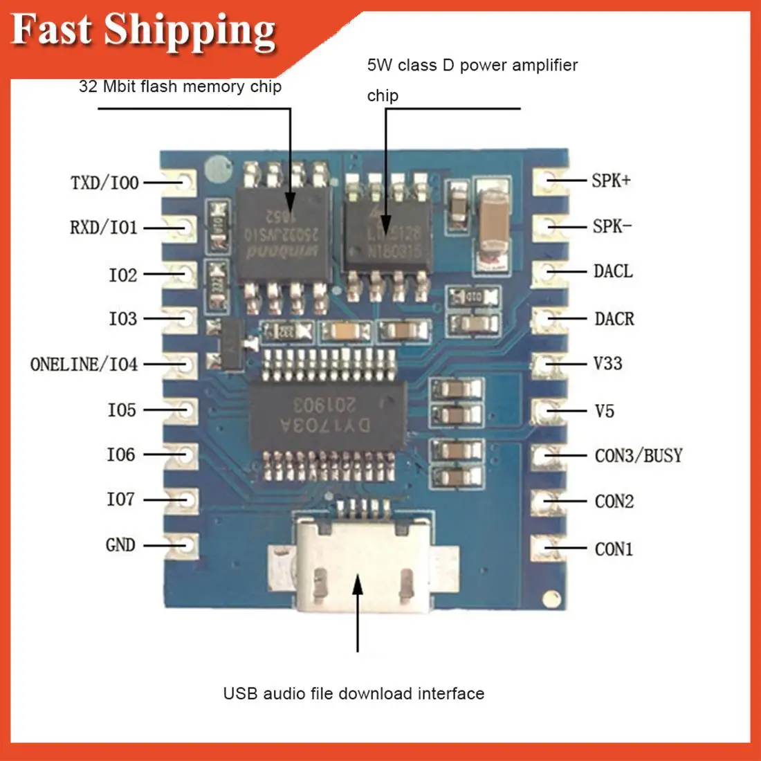 Efficient Voice Playback Module Board MP3 Music Player 5W MP3 Playback Serial Control For Arduino
Efficient Voice Playback Module Board MP3 Music Player 5W MP3 Playback Serial Control For Arduino