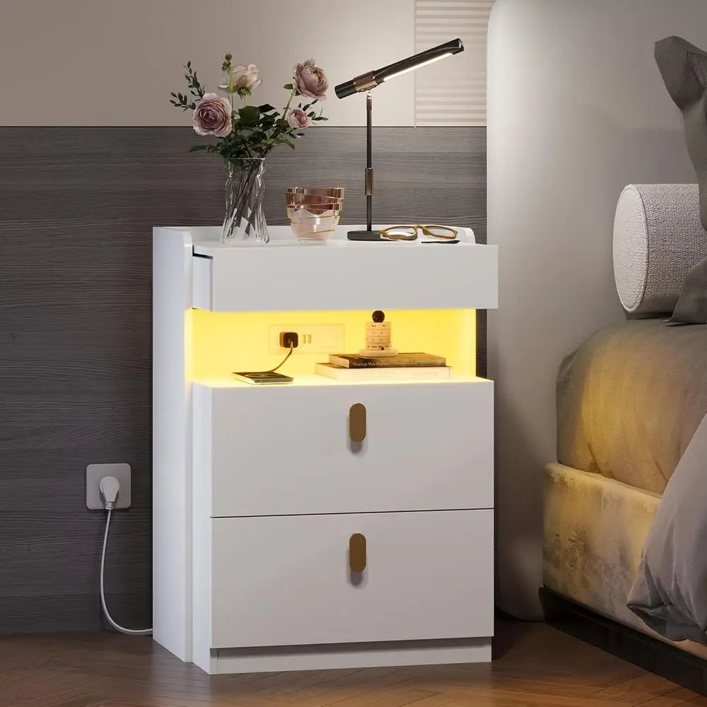White LED-lit Nightstand with Charging Station and Sliding Top for Bedrooms and Living Spaces
White LED-lit Nightstand with Charging Station and Sliding Top for Bedrooms and Living Spaces