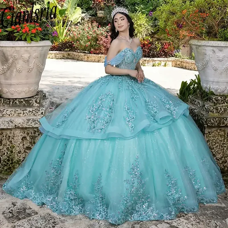 Mint Green Tiered Ruffles Quinceanera Dresses Ball Gown Off The Shoulder Appliques Lace Sweet 15 Años Mexican Customized
Mint Green Tiered Ruffles Quinceanera Dresses Ball Gown Off The Shoulder Appliques Lace Sweet 15 Años Mexican Customized