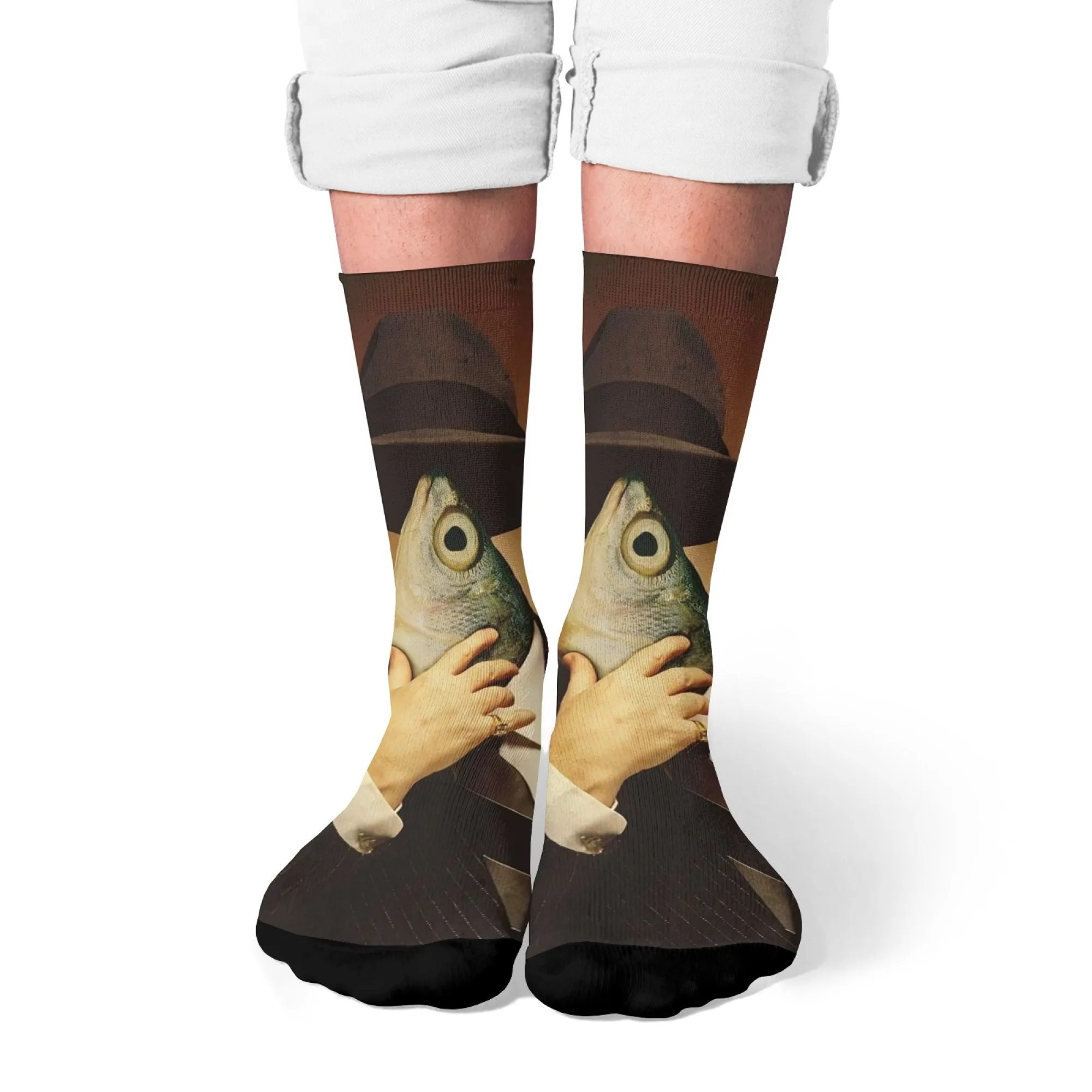 Magritte-Inspired Fish-Head Man Socks,Bowler Hat & Pipe with Floating Fish Head,Cloud Background for Surrealist Art Fashion
Magritte-Inspired Fish-Head Man Socks,Bowler Hat & Pipe with Floating Fish Head,Cloud Background for Surrealist Art Fashion