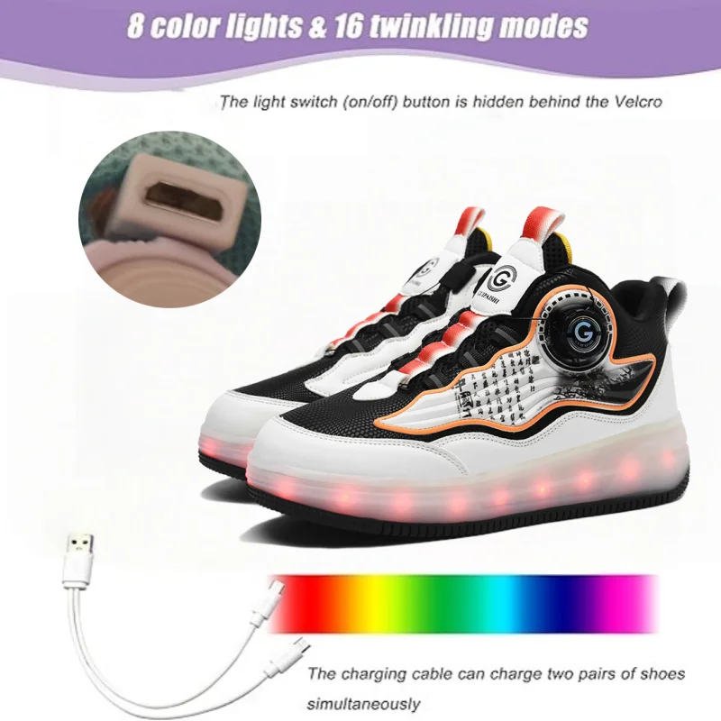Double Row 4-Wheel Skates Roller Shoes with Wheels Dual-Purpose Roller Sneakers Skateboard Shoes Rechargeable LED Light
Double Row 4-Wheel Skates Roller Shoes with Wheels Dual-Purpose Roller Sneakers Skateboard Shoes Rechargeable LED Light