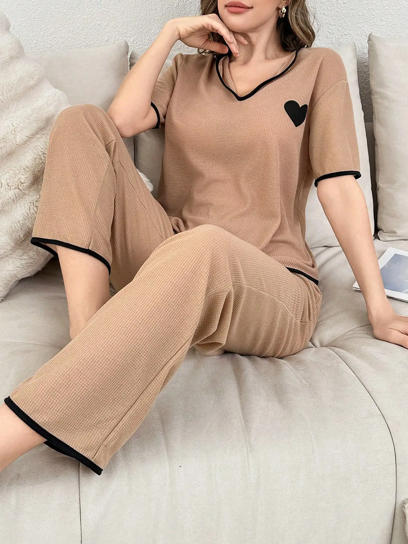 Beige Waffle Knit Lounge Set with Black Heart Applique and Trim
Beige Waffle Knit Lounge Set with Black Heart Applique and Trim