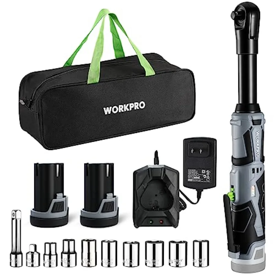 12V 40 Ft-lbs Power Ratchet Wrench Kit with 10-Piece Socket Accessory Set, 1-Hour Fast Charger, 2.0Ah Lithium-Ion Batteries
12V 40 Ft-lbs Power Ratchet Wrench Kit with 10-Piece Socket Accessory Set, 1-Hour Fast Charger, 2.0Ah Lithium-Ion Batteries