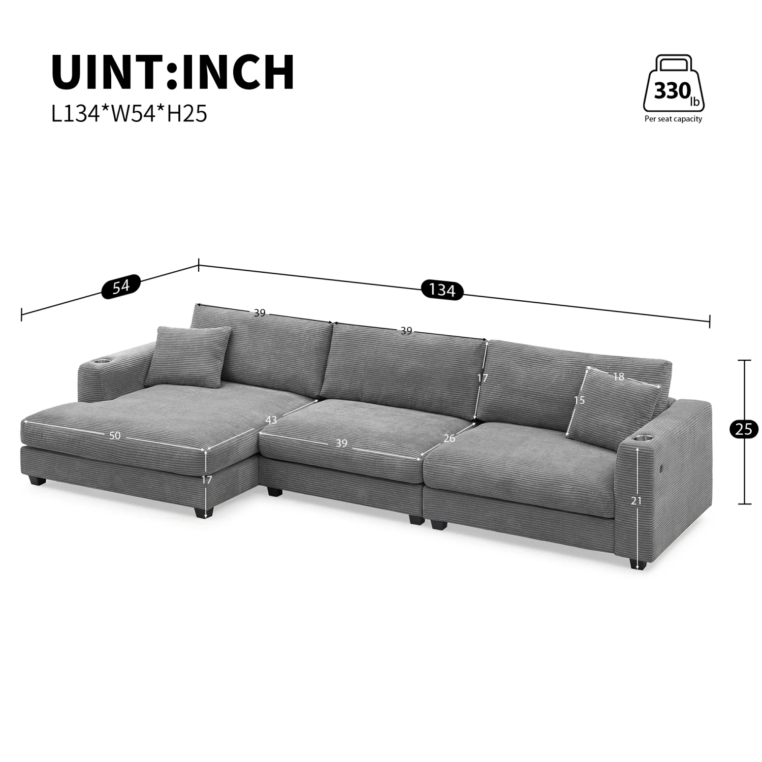 Oversized Corduroy Sectional Sofa with USB Charging Port, Cup Holder, Deep Seat Sofa Bed.
Oversized Corduroy Sectional Sofa with USB Charging Port, Cup Holder, Deep Seat Sofa Bed.