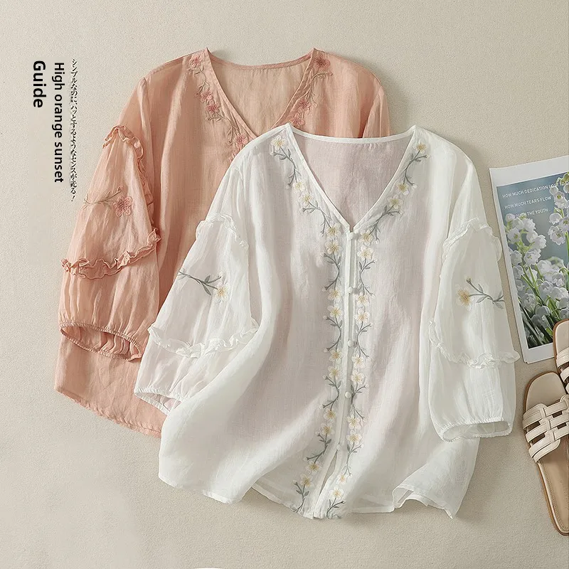 New Chinese Style Women's Short Sleeve Shirt Jacket Large Size Cotton Linen Embroidered Top Summer Fashion Artistic Loose Fit
New Chinese Style Women's Short Sleeve Shirt Jacket Large Size Cotton Linen Embroidered Top Summer Fashion Artistic Loose Fit
