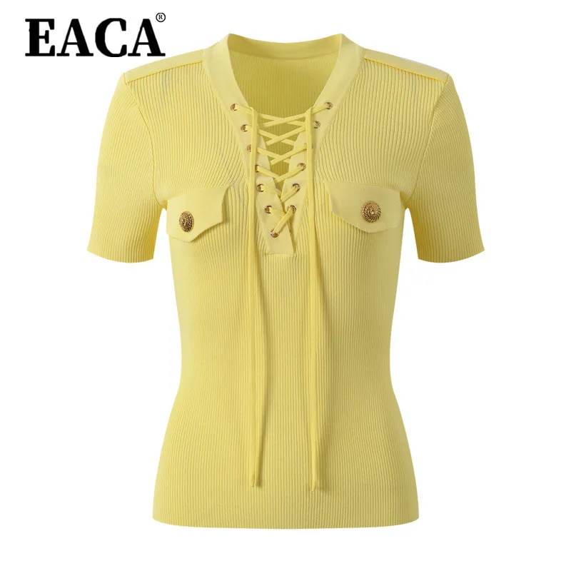EACA High-quality Women's 2025 Summer New Golden Button V-neck Strappy Slim And Fashionable Short-sleeved Knitted T-shirt Top
EACA High-quality Women's 2025 Summer New Golden Button V-neck Strappy Slim And Fashionable Short-sleeved Knitted T-shirt Top