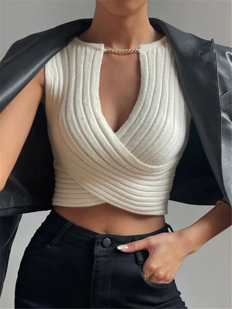 Sexy Crossed Knitted Sweater Bottoming T Shirt Fashion Design Slim Solid Knit V-neck Vests T-shirt Summer Cropped Tank Tops
Sexy Crossed Knitted Sweater Bottoming T Shirt Fashion Design Slim Solid Knit V-neck Vests T-shirt Summer Cropped Tank Tops