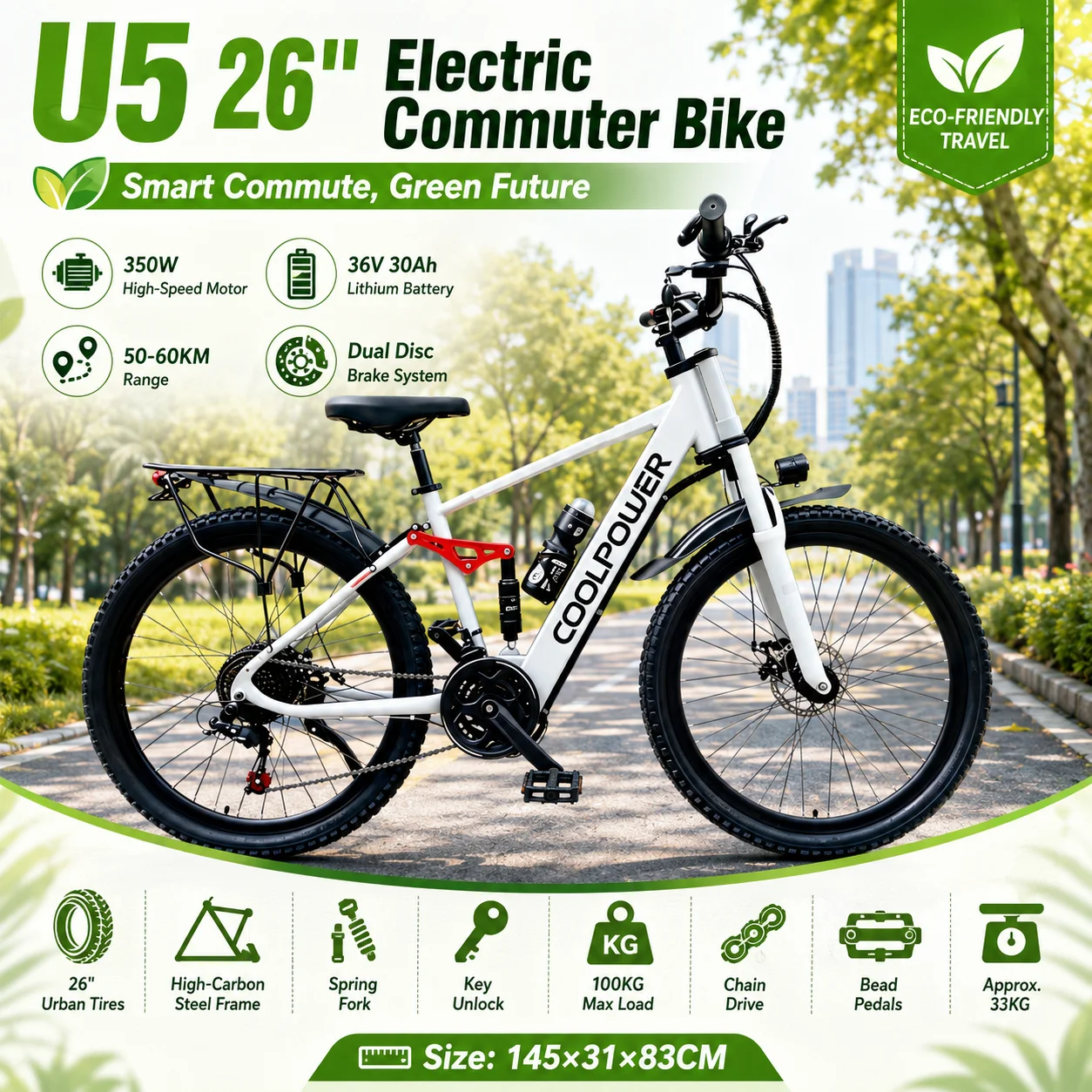 U5 Adult Electric Bicycle 26 Inch City Tires 350W Variable Frequency Motor 36V 30Ah Lithium Battery Key Unlock Commuter E-Bike
U5 Adult Electric Bicycle 26 Inch City Tires 350W Variable Frequency Motor 36V 30Ah Lithium Battery Key Unlock Commuter E-Bike