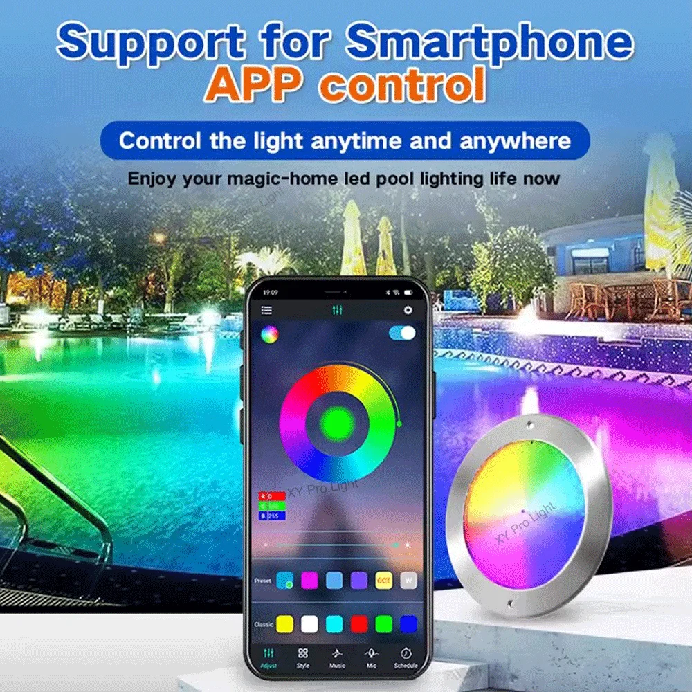 RGB светодиодный светильник для бассейна, управление через приложение Bluetooth, IP68, водонепроницаемый, уличный, DC12 Вт, подводный фонтан, пейзажная лампа, прожектор Piscina Luz
RGB светодиодный светильник для бассейна, управление через приложение Bluetooth, IP68, водонепроницаемый, уличный, DC12 Вт, подводный фонтан, пейзажная лампа, прожектор Piscina Luz