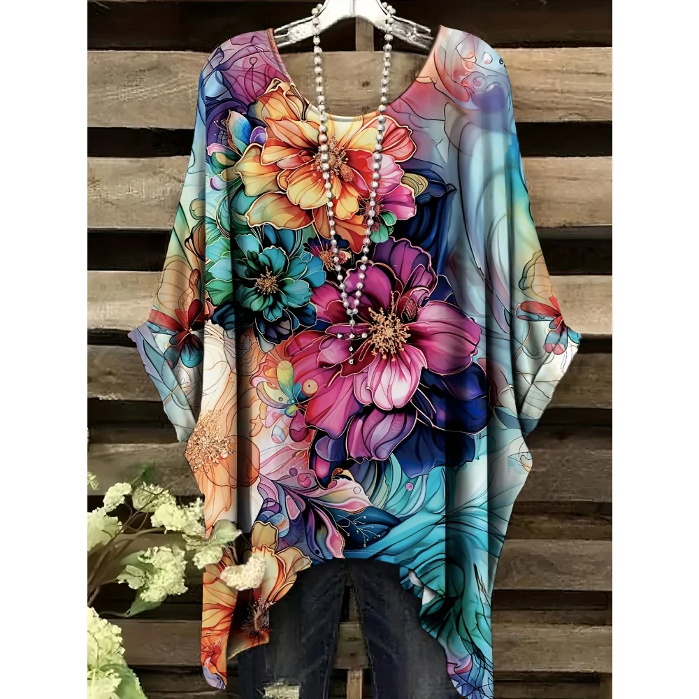 Vintage Bohemian Colorful Flowers Pattern Print T-Shirt with Round Neck Asymmetrical Hemros Women's T-Shirt Summer Outdoors Tops
Vintage Bohemian Colorful Flowers Pattern Print T-Shirt with Round Neck Asymmetrical Hemros Women's T-Shirt Summer Outdoors Tops