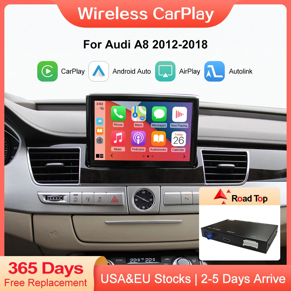 Wireless CarPlay Android Auto Decoder for Audi A8 2012-2018, with MirrorLink AirPlay Car Play USB Rear Camera BT Functions
Wireless CarPlay Android Auto Decoder for Audi A8 2012-2018, with MirrorLink AirPlay Car Play USB Rear Camera BT Functions