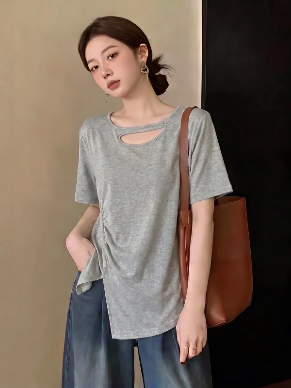 Gray Shoulder-Length Short Sleeve T-Shirt Women's Mid-Length plus Size Irregular Top Korean Style Commute Fashion Loose Fit
Gray Shoulder-Length Short Sleeve T-Shirt Women's Mid-Length plus Size Irregular Top Korean Style Commute Fashion Loose Fit