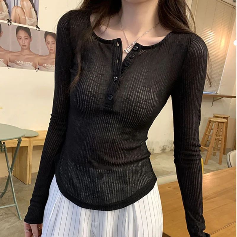Thin T Shirt For Women Summer Basic Korean Style Tops Mujer Long Sleeve Button O Neck Tshirts Sexy Slim See-throug Tees Female
Thin T Shirt For Women Summer Basic Korean Style Tops Mujer Long Sleeve Button O Neck Tshirts Sexy Slim See-throug Tees Female