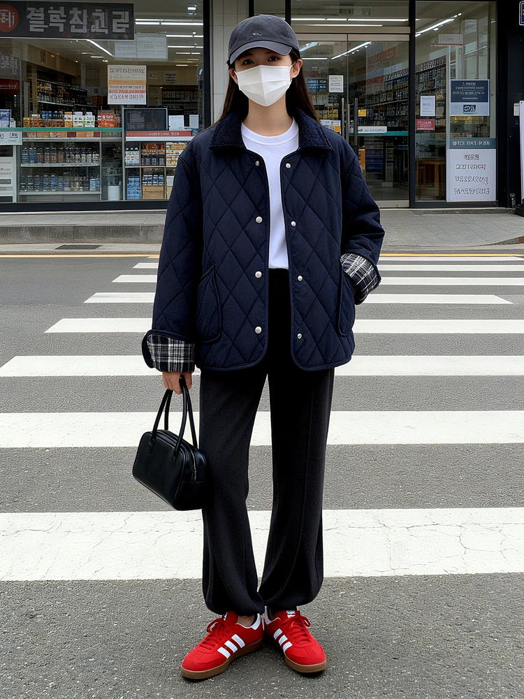 Утепленная хлопковая куртка женская универсальная теплая верхняя одежда белого цвета, свободного кроя, с вельветовым воротником и ромбовидным узором
Утепленная хлопковая куртка женская универсальная теплая верхняя одежда белого цвета, свободного кроя, с вельветовым воротником и ромбовидным узором