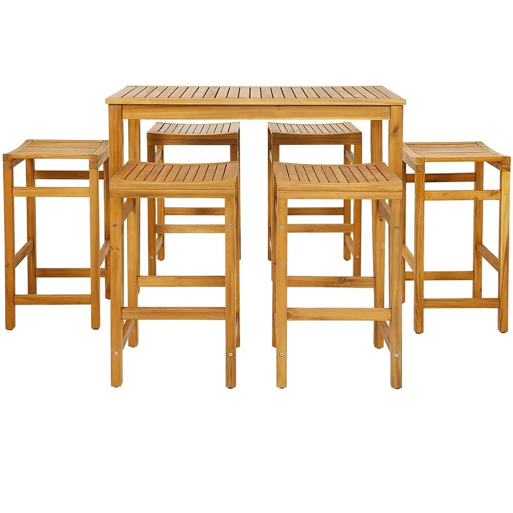 7 Piece Outdoor Acacia Wood Bar Table Set, 45 Rectangular High Top Table with 6 Saddle Seat Bar Height Stools, SpaceSaving Pati
7 Piece Outdoor Acacia Wood Bar Table Set, 45 Rectangular High Top Table with 6 Saddle Seat Bar Height Stools, SpaceSaving Pati