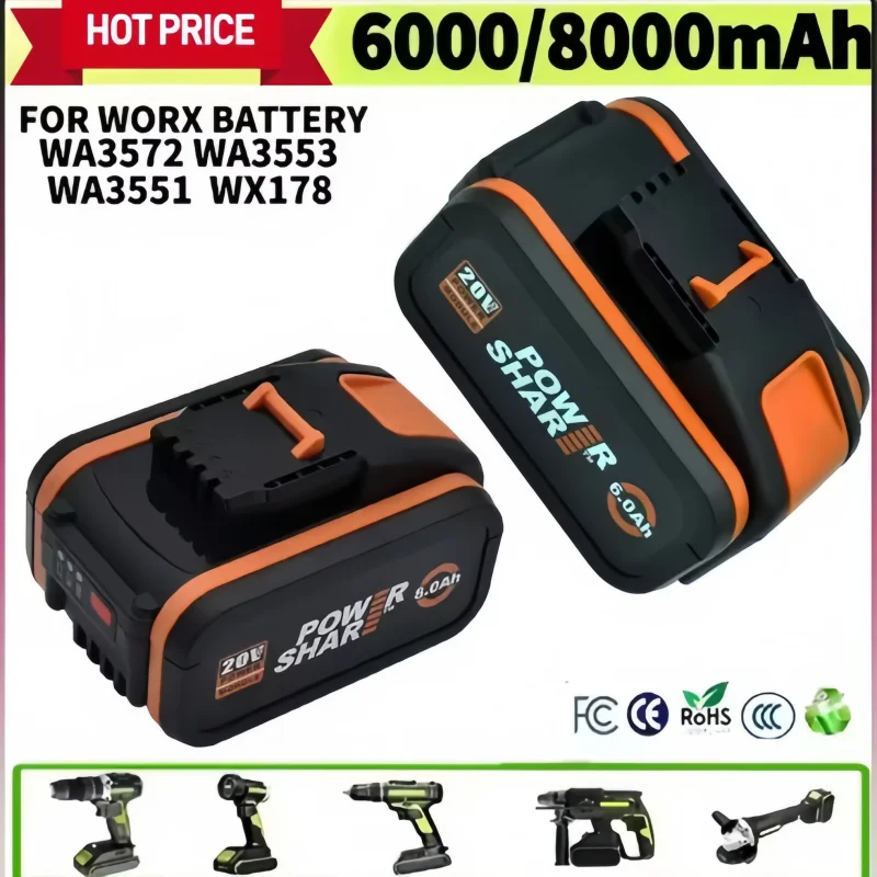 Worx 20V Power Share Lithium Battery, 4.0Ah 6.0Ah 8.0Ah Optional, Long Cycle Life, Replacement for WA3511 WA3512 Hand Tools
Worx 20V Power Share Lithium Battery, 4.0Ah 6.0Ah 8.0Ah Optional, Long Cycle Life, Replacement for WA3511 WA3512 Hand Tools