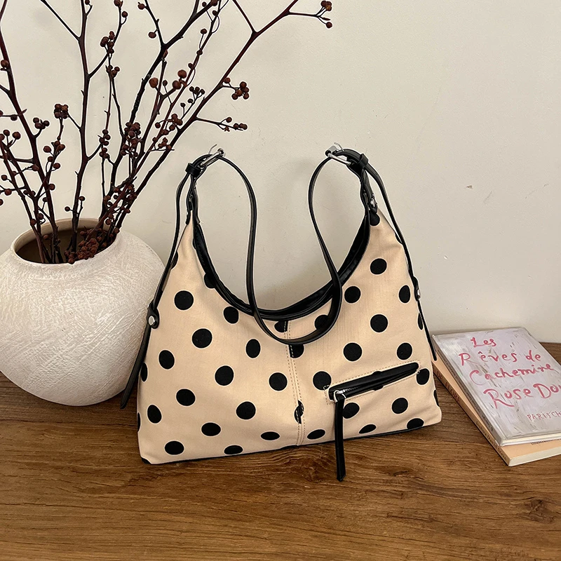 Women's Polka Dot Canvas Hobo Bag, Casual Beige Shoulder Tote Bag with Black Trim, Adjustable Strap Underarm Bag
Women's Polka Dot Canvas Hobo Bag, Casual Beige Shoulder Tote Bag with Black Trim, Adjustable Strap Underarm Bag