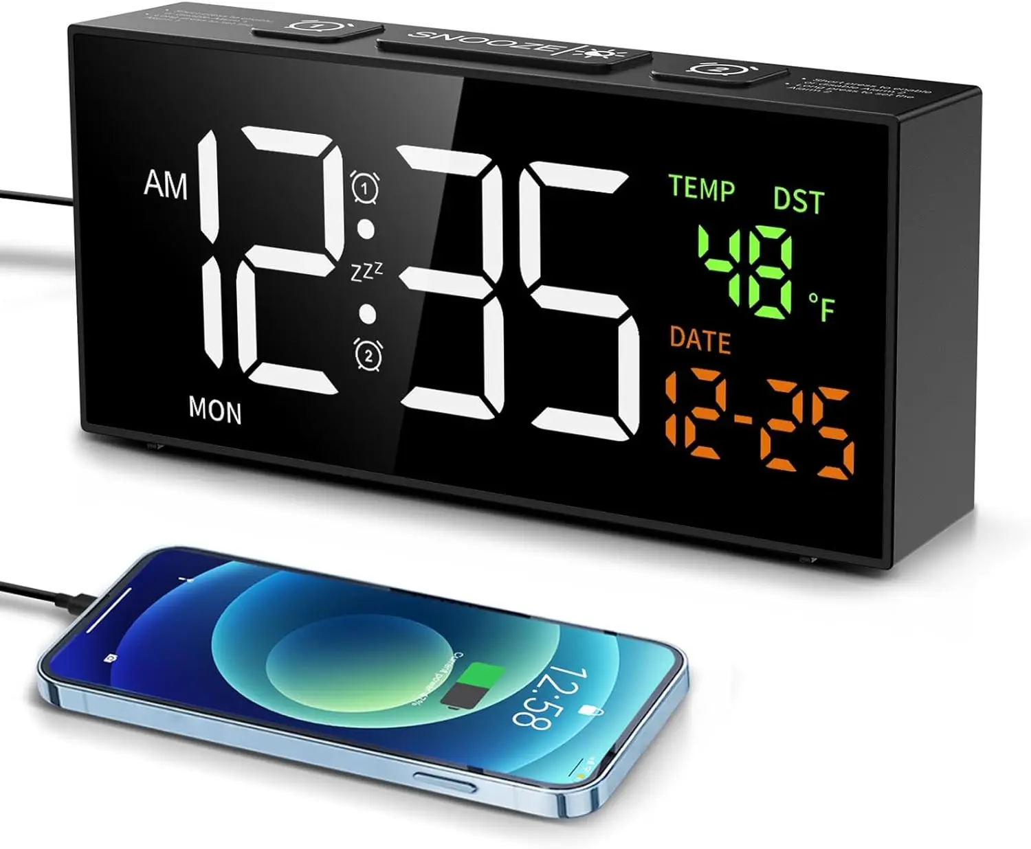 Digital Alarm Clock with Date, Temperature, Weekday, Dual Alarms, Snooze, 5 Brightness, 4 Volumes, Manual DST, Black
Digital Alarm Clock with Date, Temperature, Weekday, Dual Alarms, Snooze, 5 Brightness, 4 Volumes, Manual DST, Black