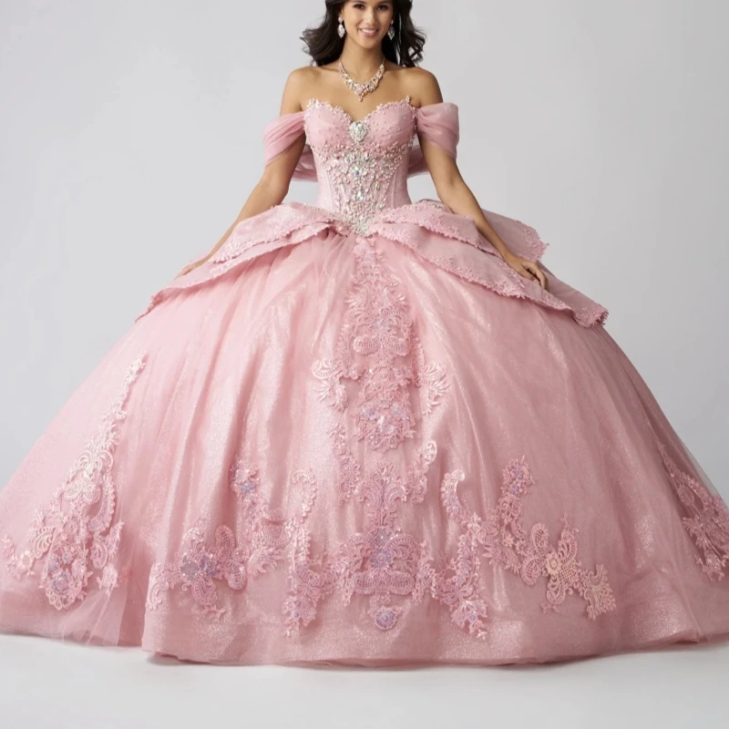 Pink Shiny Quinceanera Dresses Ball Gown Off The Shoulder Applique Lace Beads Bow Tull Corset Party Birthday Sweet 16 Dress Vest
Pink Shiny Quinceanera Dresses Ball Gown Off The Shoulder Applique Lace Beads Bow Tull Corset Party Birthday Sweet 16 Dress Vest