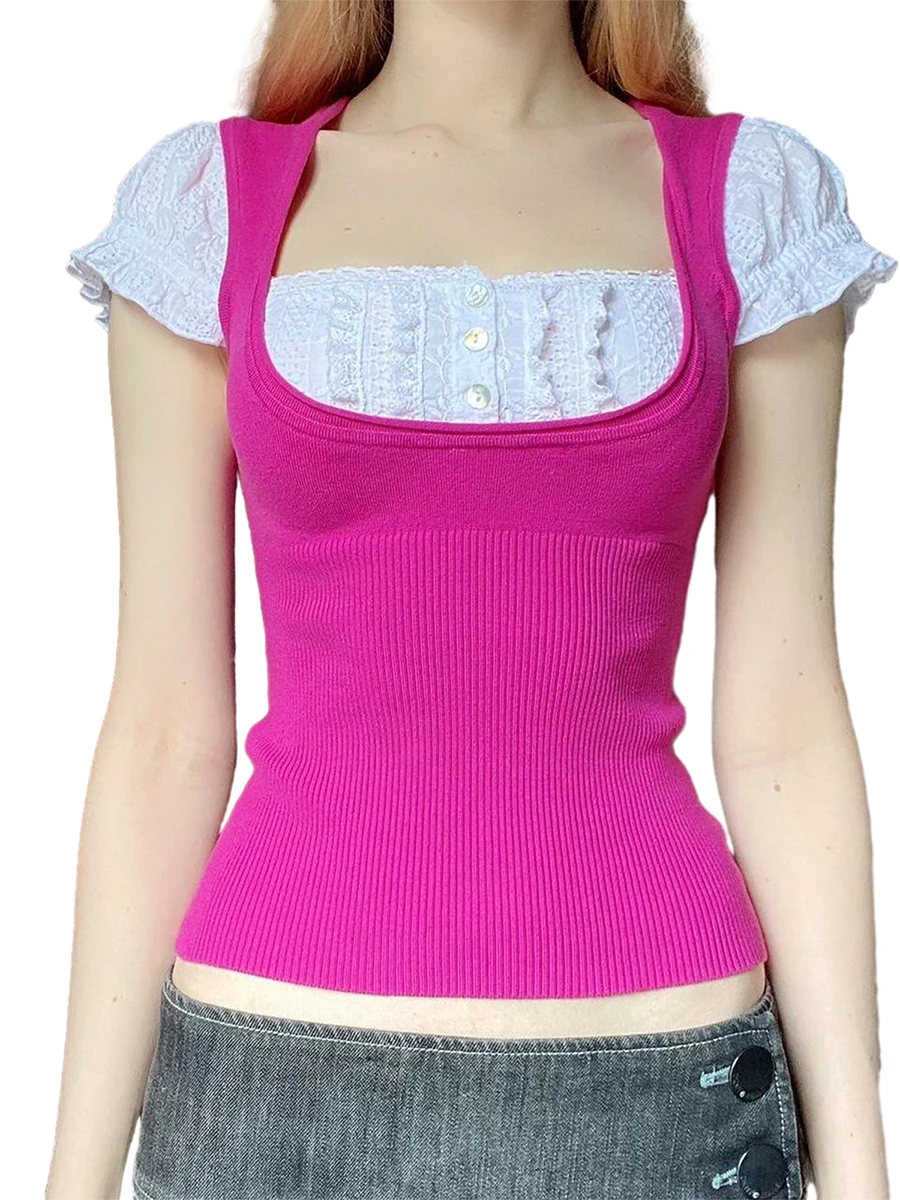 Women's Knitted T-Shirts Summer Slim Fit Y2K 00s Square Neck Lace Patchwork Tops E Girl Fairy Grunge T-Shirts
Women's Knitted T-Shirts Summer Slim Fit Y2K 00s Square Neck Lace Patchwork Tops E Girl Fairy Grunge T-Shirts