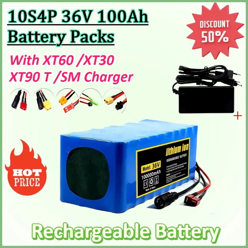 New 36V 100Ah 10S4P 18650 Battery Pack 1000W Super Power Battery with XT60 XT30 XT90 T SM JST Charger Electric Scooter Battery
New 36V 100Ah 10S4P 18650 Battery Pack 1000W Super Power Battery with XT60 XT30 XT90 T SM JST Charger Electric Scooter Battery