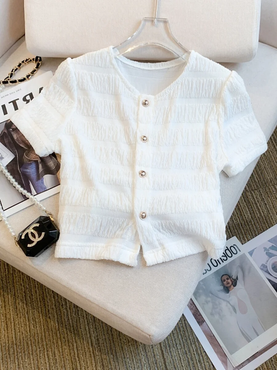 Elegant Short Sleeve Texture Shirt Women's Summer Slimming Fashionable Top French Style Polyester Fiber round Neck Knitted Shirt
Elegant Short Sleeve Texture Shirt Women's Summer Slimming Fashionable Top French Style Polyester Fiber round Neck Knitted Shirt