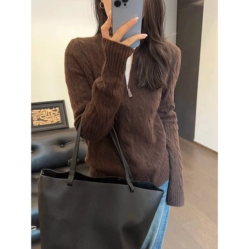 Women's Autumn Mermaid Base Layer Coffee Color Top American Style High Collar Twist Half Zip Knitted Sweater
Women's Autumn Mermaid Base Layer Coffee Color Top American Style High Collar Twist Half Zip Knitted Sweater