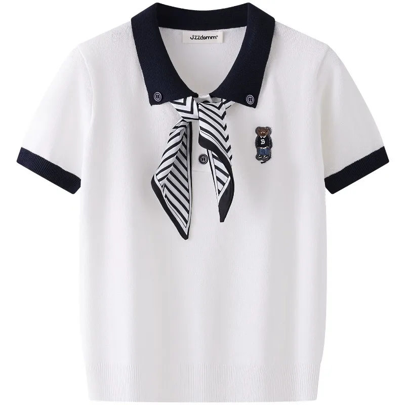 Summer College Style Embroidered Teddy Bear Embroidered Girls' T-shirt Silk Scarf Thin Short Sleeved Casual Women's High-end Top
Summer College Style Embroidered Teddy Bear Embroidered Girls' T-shirt Silk Scarf Thin Short Sleeved Casual Women's High-end Top