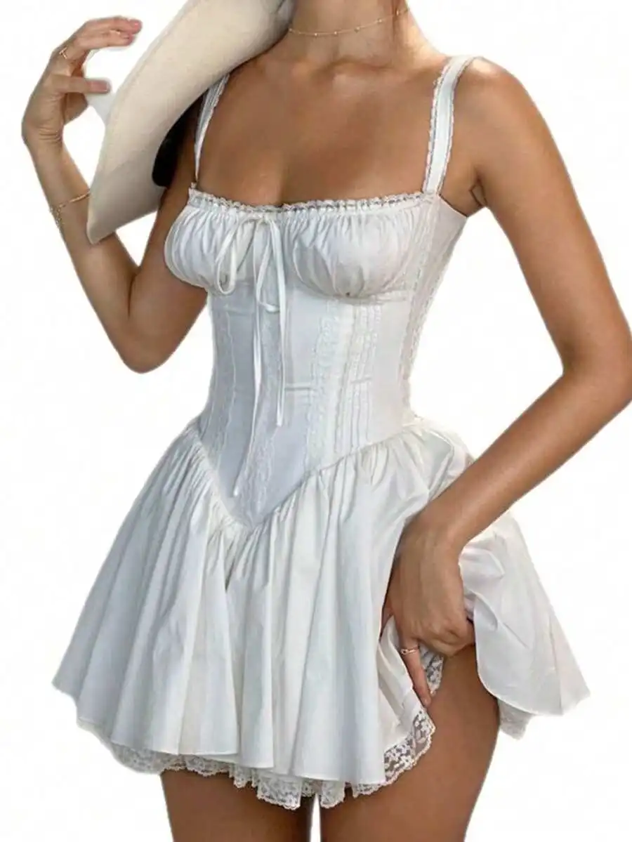 White Lace Trim A-Line Mini Dress With Corset Bodice And Spaghetti Straps
White Lace Trim A-Line Mini Dress With Corset Bodice And Spaghetti Straps