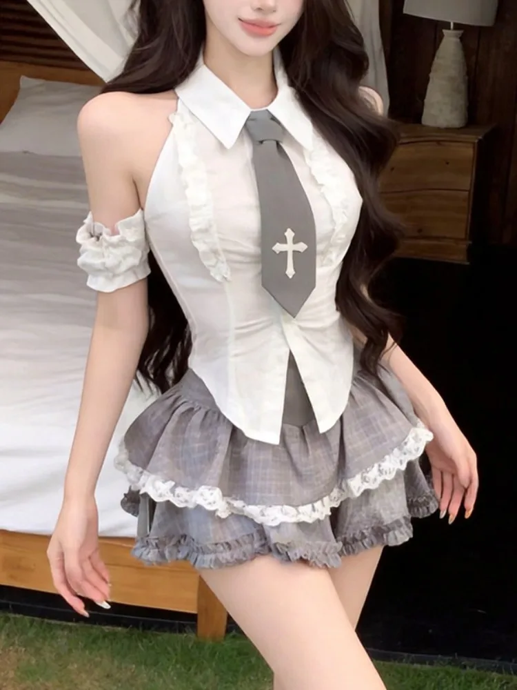 Gray Korean Style College Fashion Shirt Shoulder Bared Women's Outfit Set Skirt with Puffy Design Casual Summer Short Sleeve
Gray Korean Style College Fashion Shirt Shoulder Bared Women's Outfit Set Skirt with Puffy Design Casual Summer Short Sleeve