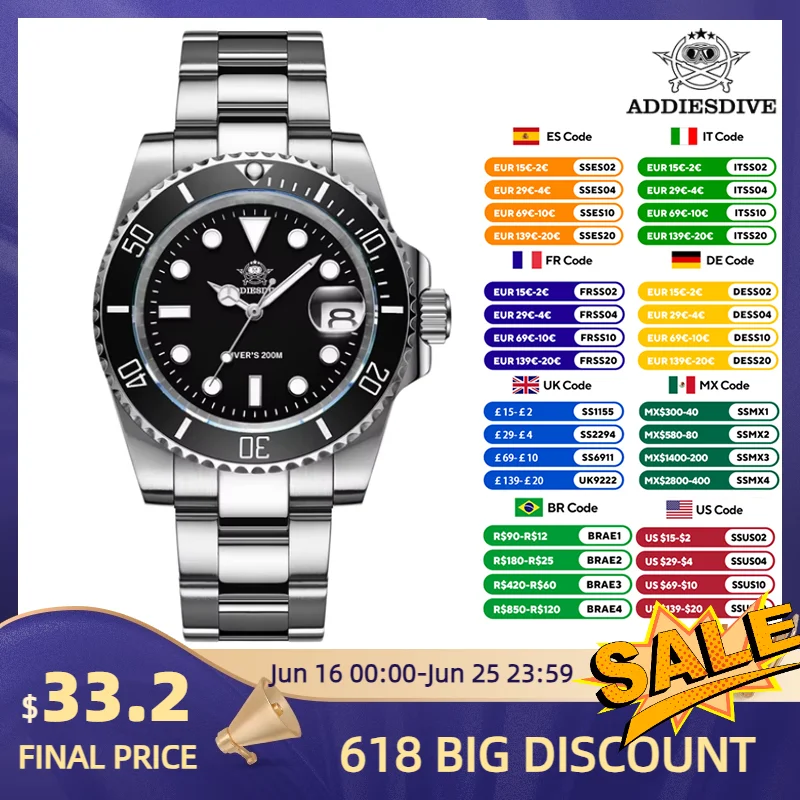 ADDIESDIVE MY-H3-2QZ Quartz Diver Watch 200M Waterproof Miyota Movement Ceramic Bezel BGW9 Luminous Stainless Steel Sports Watch
ADDIESDIVE MY-H3-2QZ Quartz Diver Watch 200M Waterproof Miyota Movement Ceramic Bezel BGW9 Luminous Stainless Steel Sports Watch