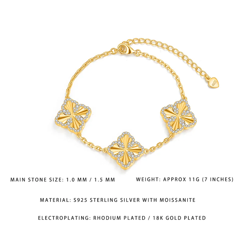 S925 Sterling Silver Four Leaf Clover Moissanite Bracelet for Women 18K Gold Plated 1.0/1.5mm D Color Lab Diamond Adjustable Cha
S925 Sterling Silver Four Leaf Clover Moissanite Bracelet for Women 18K Gold Plated 1.0/1.5mm D Color Lab Diamond Adjustable Cha