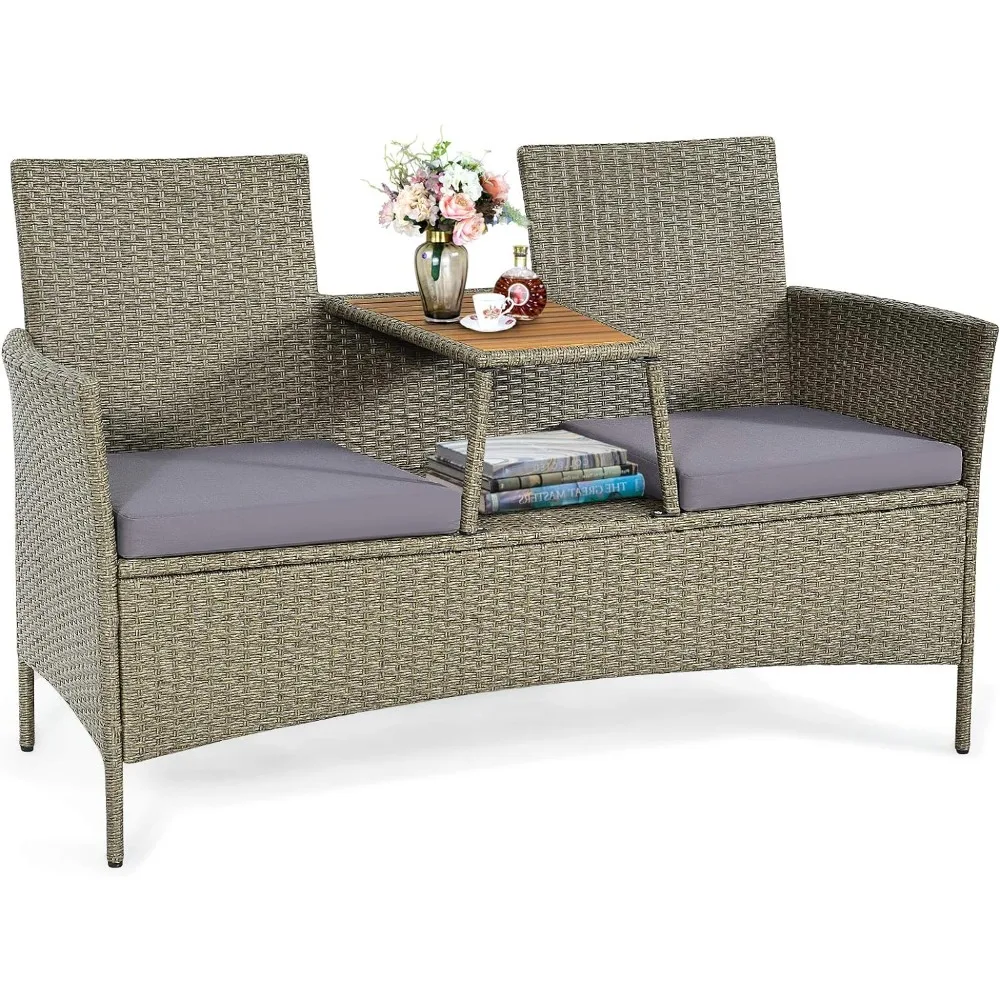 Outdoor Rattan Patio 2-Person Wicker Conversation Set w/Cushion, Modern Wicker Sofa Set with Built-in Acacia Wood Tabletop
Outdoor Rattan Patio 2-Person Wicker Conversation Set w/Cushion, Modern Wicker Sofa Set with Built-in Acacia Wood Tabletop
