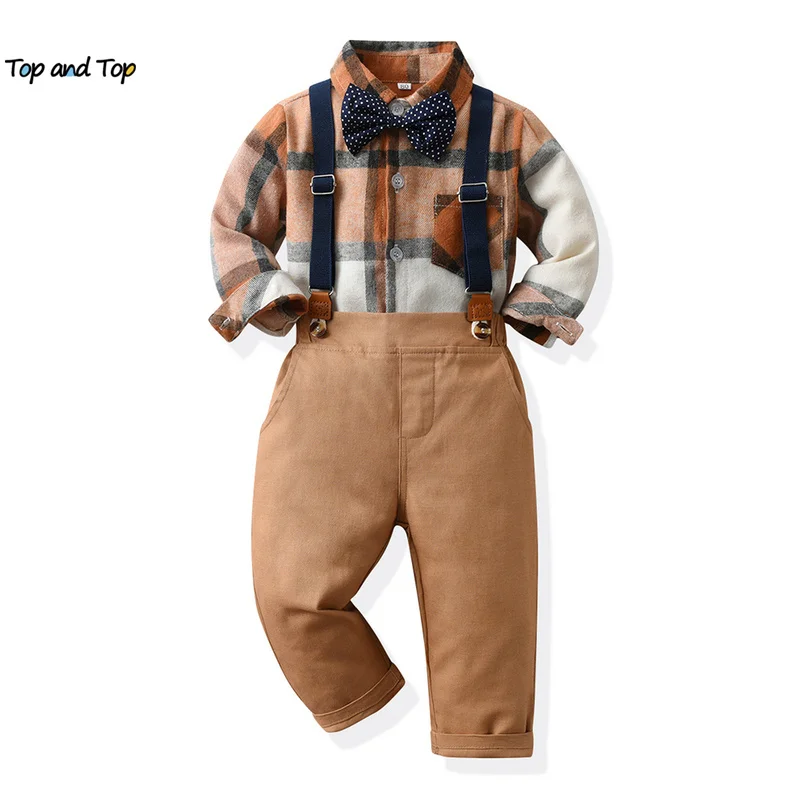 top and top 2023 Infant Baby Boys Gentleman Clothing Sets Long Sleeve Plaid Flannel Shirt with Bowtie+Overalls Formal Suits
top and top 2023 Infant Baby Boys Gentleman Clothing Sets Long Sleeve Plaid Flannel Shirt with Bowtie+Overalls Formal Suits
