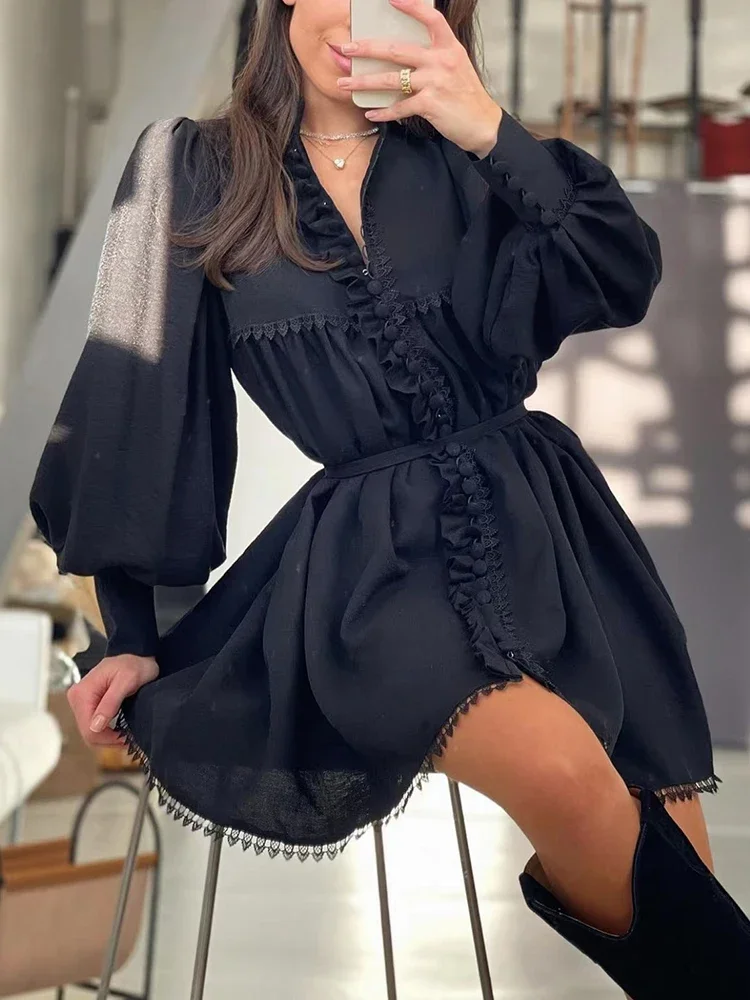 Elegant Print Mini Dress for Women V Neck Long Lantern Sleeve Patchwork Lace High Waist Casual Female Clothing 2024
Elegant Print Mini Dress for Women V Neck Long Lantern Sleeve Patchwork Lace High Waist Casual Female Clothing 2024