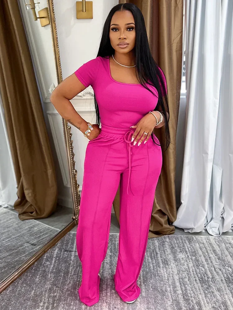 Solid Casual Two Piece Set Women Summer Outfits Short Sleeve Square Collar T-shirt Top and Drawstring Wide Leg Pants Sport Suit
Solid Casual Two Piece Set Women Summer Outfits Short Sleeve Square Collar T-shirt Top and Drawstring Wide Leg Pants Sport Suit