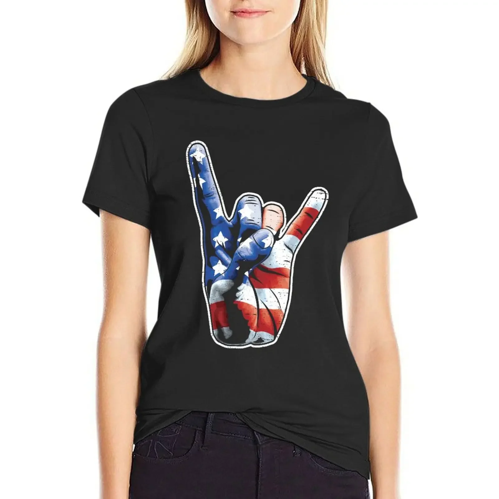 American Flag Rock Out Devil Horns USA Hand T-Shirt summer clothes tops customizeds summer clothes for Women
American Flag Rock Out Devil Horns USA Hand T-Shirt summer clothes tops customizeds summer clothes for Women
