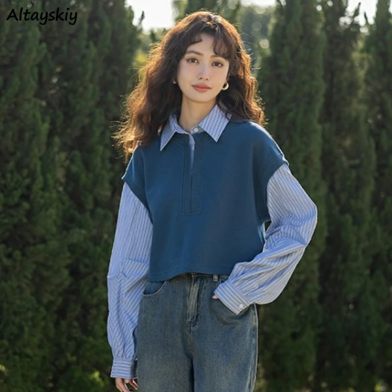 Turn-down Collar Sweatshirts Women Retro Korean Style Fashion Spliced Fake 2 Pcs Tops Preppy College Spring Autumn Chic
Turn-down Collar Sweatshirts Women Retro Korean Style Fashion Spliced Fake 2 Pcs Tops Preppy College Spring Autumn Chic